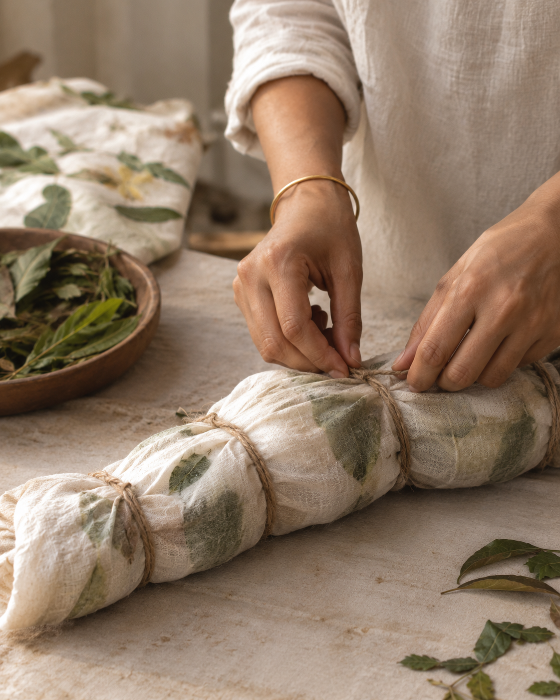 Fabric being bundled and steamed for eco printing