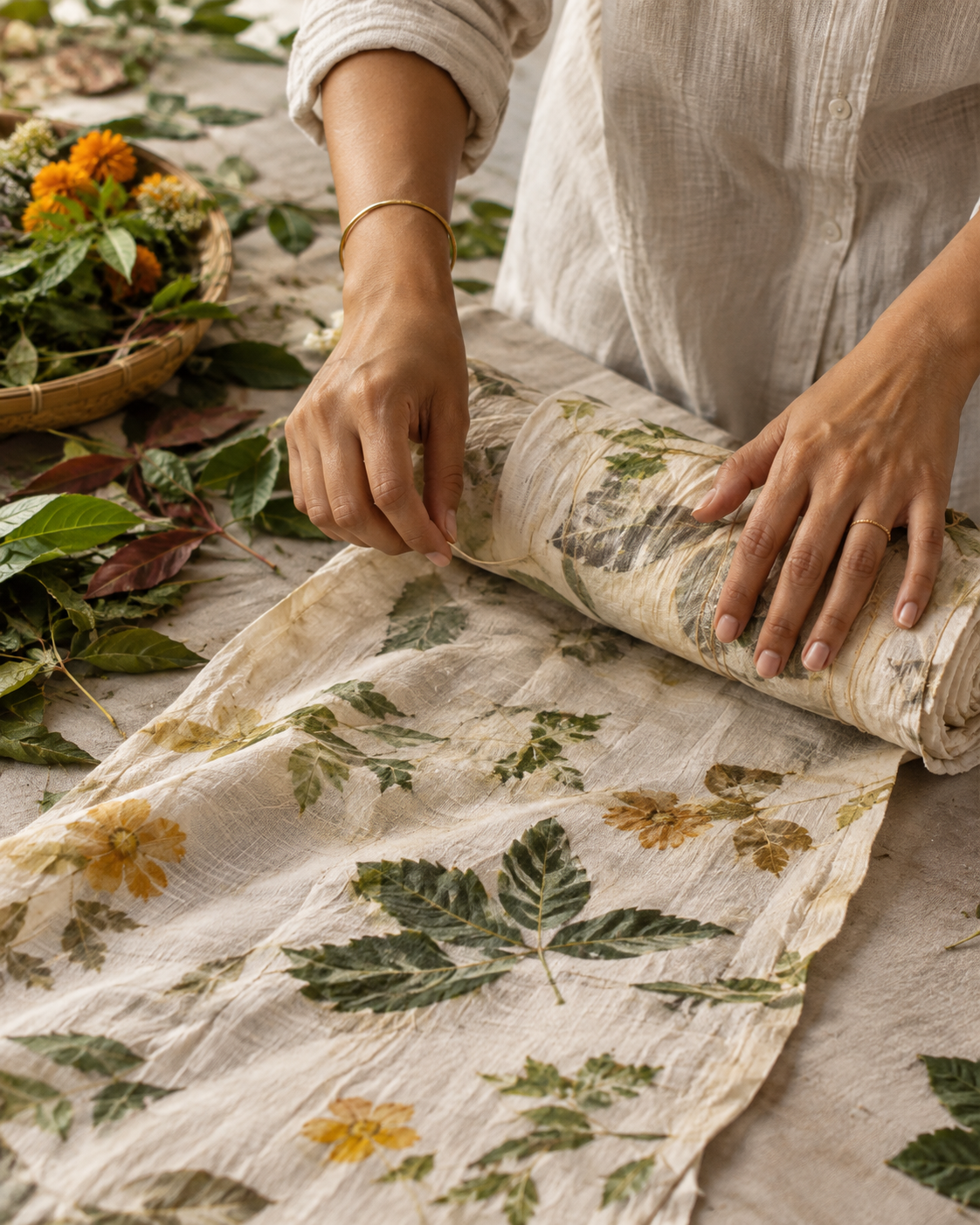 Eco printed fabric being revealed after steaming